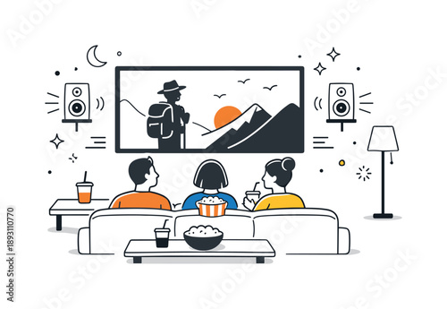 Cozy Movie Night. Watching a movie night. People watching a film with dimmed lights and a large screen, simple sound and light accents around. Cozy evening and