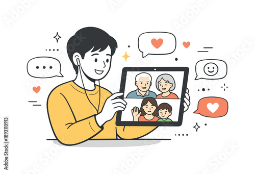 Family Video Call. Video calling family illustration. A person smiling at a tablet screen during a video call with family members. Warm and calm remote