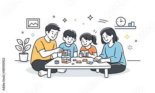 Family Game Night. Home family activities. Parents and children gather for a casual game night, focused and smiling around a small table. Joyful interaction,