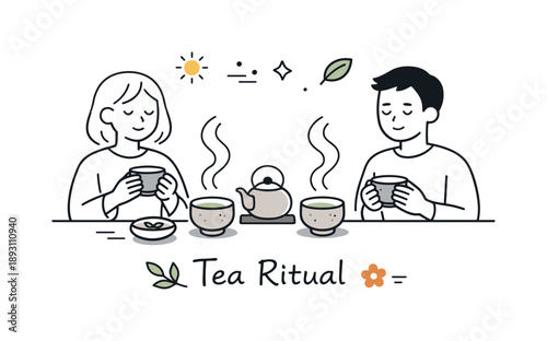 Minimalist Tea Ceremony. Ceramic tea ritual. Stoneware tea cups with gentle steam rising, suggesting warmth, slow living, and a peaceful daily