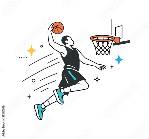 Slam Dunk Elegance. Basketball action shot. A player jumping for a slam dunk, subtle motion lines and abstract star shapes around emphasizing movement. Calm