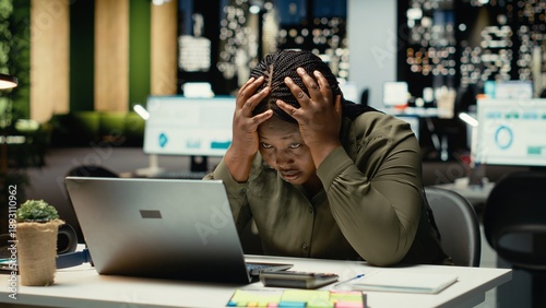 Bilde på lerret Black restless weary woman experiencing burnout and fatigue late at night, being overwhelmed and overworked at desk