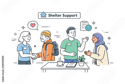 Shelter Volunteer Support. Volunteering at shelter support. Volunteers welcoming people at a shelter, offering help and guidance with calm gestures. Care,