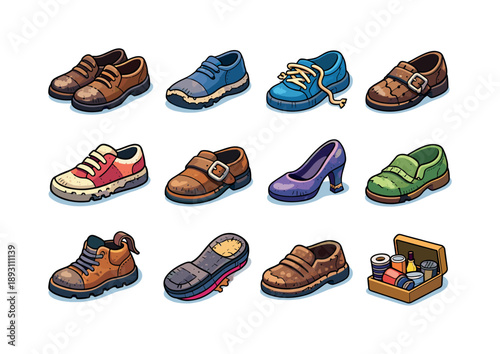 Worn Footwear Icons. Worn-out footwear. Colorful isometric vector icons set of worn-out footwear: scuffed shoes, worn soles, frayed laces, cracked leather