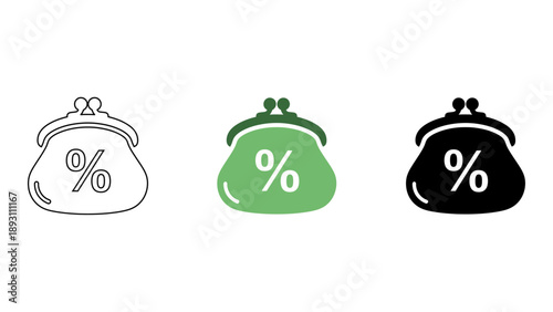 black coin purse icon with percentage sign on white background showing savings and discounts