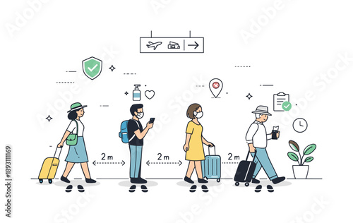 Responsible Travel Illustration. Safe travel concept. People walking through an airport or station with distancing cues and subtle safety symbols, emphasizing