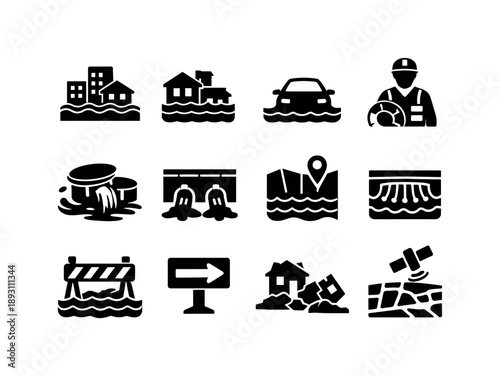 Urban Flood Icons. Urban Flooding. Solid icon set of Urban Flooding: city under water, flooded buildings, submerged car, sewer overflow, rescue worker, city