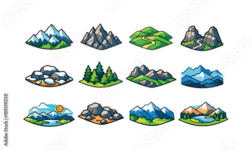 Alpine Icon Set. Alpine Landscape. Colorful isometric vector icons set of Alpine Landscape: alpine mountains, sharp peaks, rolling hills, mountain pass, snow
