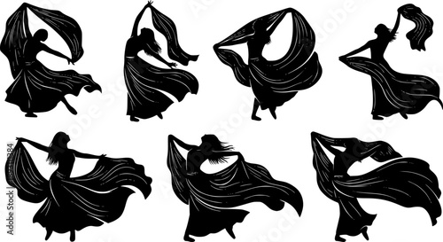 Elegant dancer in silhouette gracefully moving with flowing fabric capturing a moment of dynamic motion and artistic expression in a stylized design silhouette