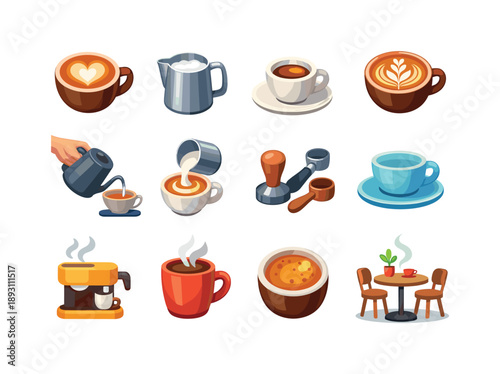 Barista Icon Collection. Barista craft. Colorful flat vector icons set of barista craft: latte art heart, foamed milk pitcher, espresso cup, rosetta pattern,