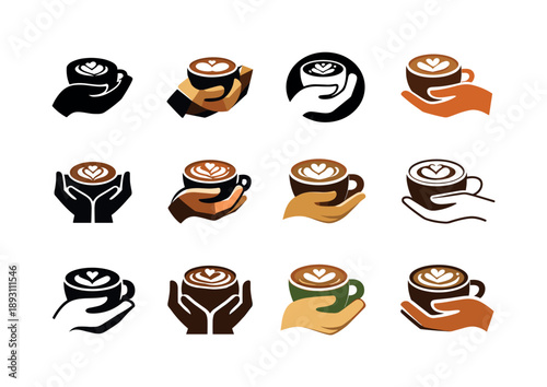 Latte Icon Variations. Latte in hand. Icon set. Set Logo of latte in hand: hand holding cup. harmonious logo variations of the same emblematic concept, each