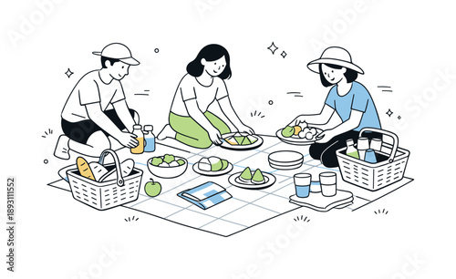 Picnic in the Park. Picnic in park lunch. People arranging food, baskets, and plates on the grass. Simple pleasures and relaxed daytime mood. Minimalist flat