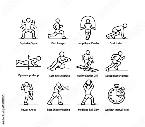 High Intensity Icon Set. High Intensity Workout. Line icon set of High Intensity Workout: explosive squat, fast lunges, jump rope cardio, sprint start, dynamic