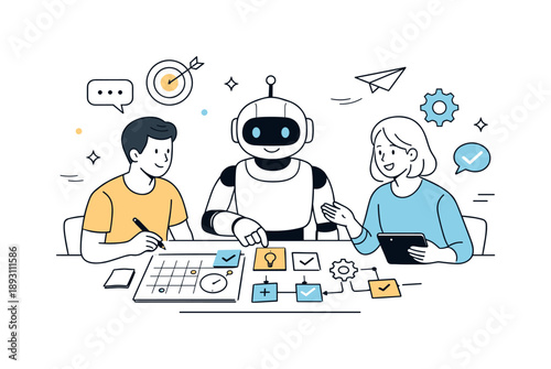 Human-Robot Collaboration. Human?robot collaboration. People and robots working together at a table, planning tasks with icons and notes. Optimistic vision of