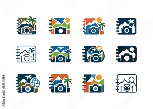 Travel Scrapbook Icons. Travel scrapbooking process. Icon set. Set Logo of Travel scrapbooking process: creative travel diary emblem. harmonious logo