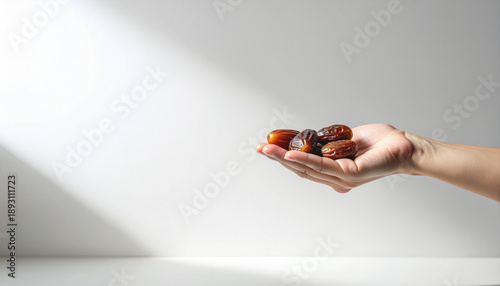 A minimalist shot of a hand presenting healthy dates, perfect for Ramadan health tips, nutritional content, and spiritual Islamic lifestyle photography projects.