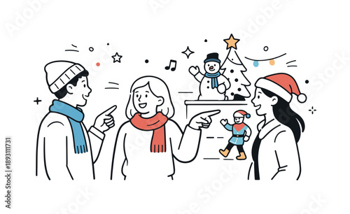 Parade Celebration Interaction. People at holiday parade interaction. Friends talking and pointing toward decorations and performers. Lively yet relaxed social