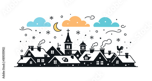 Winter Town Silhouette. Old town winter skyline. Simplified silhouette of traditional rooftops and chimneys with falling snow and abstract clouds above. Cozy