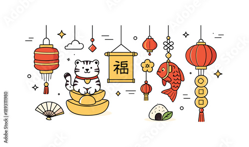 Lunar New Year Elegance. Lunar New Year festive illustration. Modern minimal decorations inspired by traditional symbols, with lanterns and hanging details
