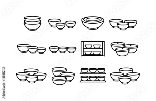 Bowl Icon Grid. Bowl Set. Line icon set of Bowl Set: stacked bowls, bowl size variety, nested bowls, matching bowl set, kitchen bowl collection, dishware set