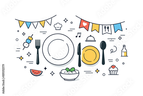 Culinary Celebration Scene. Food festivals and culinary events. An abstract festive scene with plates, cutlery, and small decorative banners floating around.