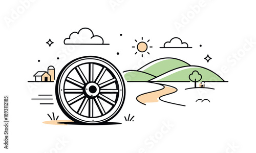 Peaceful Countryside Journey. Wagon wheel and countryside travel. A wagon wheel paired with simple landscape hints like hills or clouds, suggesting slow rural