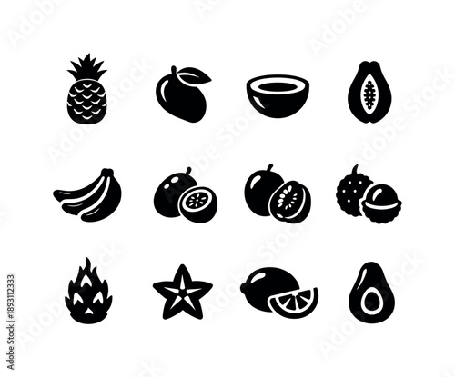 Tropical Fruit Icons. Tropical Fruits. Solid icon set of Tropical Fruits: pineapple, mango, coconut half, papaya, banana, passion fruit, guava, lychee, dragon