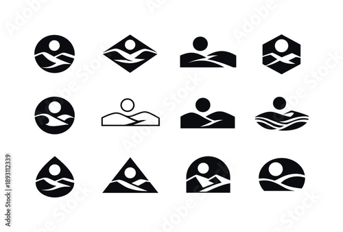Desert Logo Variations. Vast desert. Icon set. Set Logo of vast desert: minimal desert scene with sun and dunes. harmonious logo variations of the same