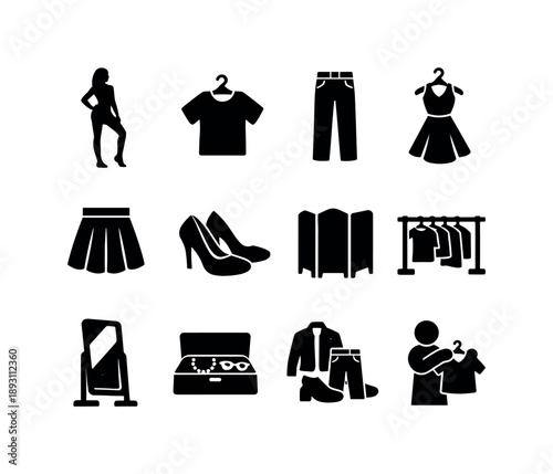 Fashion Fitting Icons. Fashion Fitting. Solid icon set of Fashion Fitting: model pose, shirt on hanger, pants, dress, skirt, shoes pair, dressing screen,