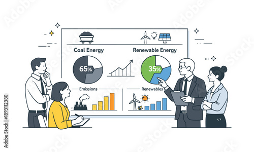 Renewable Energy Analysis. Future of energy discussion. A group of professionals calmly reviewing charts that compare coal energy and renewable sources on a