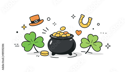 Modern St. Patrick's Symbols. St Patrick?s Day symbols. A clean editorial composition featuring shamrocks, a small pot of gold, and gentle decorative elements