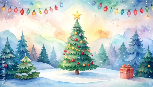 Watercolor christmas tree with ornaments and lights in snowy landscape