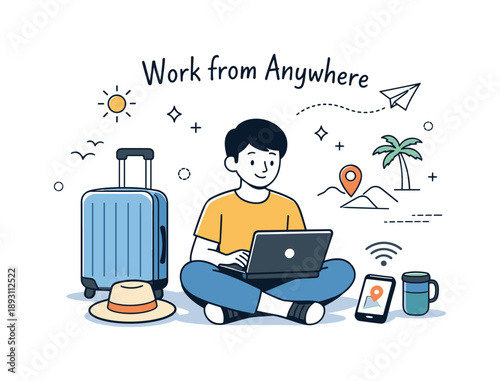 Remote Work Freedom. Work from anywhere concept. A person works remotely with travel items like a suitcase and phone nearby. Mobility, freedom of choice, and