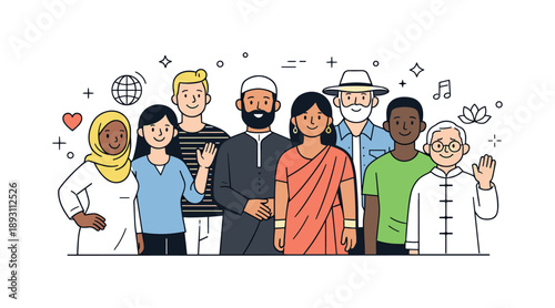 Unity in Diversity. Multicultural group illustration. A diverse group of people standing together with friendly expressions, different outfits and features