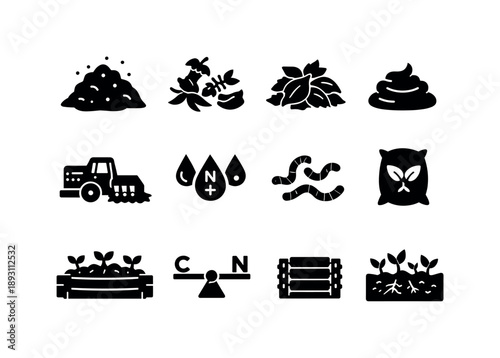 Composting Agriculture Icons. Composting agriculture. Solid icon set of Composting agriculture: compost pile, food scraps, leaf waste, manure, compost turner,