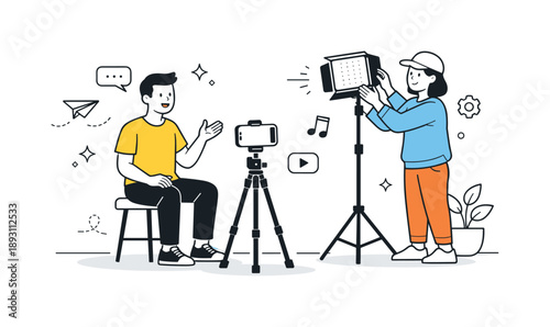 Vlogging Teamwork Scene. Vlogging in progress. A person speaking to a phone on a tripod while a friend adjusts lighting or props nearby. Scene reflects