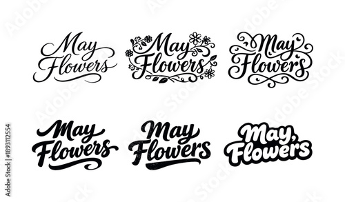 May Flowers Lettering Grid. May flowers script. Set lettering. harmonious lettering variations of the same emblematic concept, each with different artistic