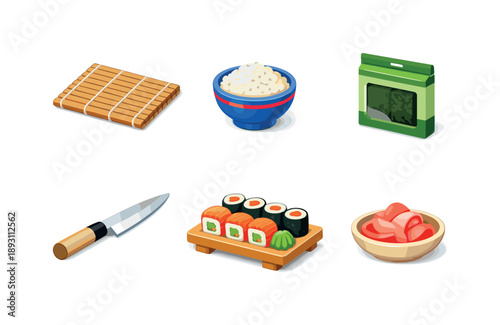 Japanese Kitchen Icons. Japanese Kitchen. Isometric flat vector icons set of japanese kitchen: bamboo sushi mat, ceramic rice bowl, nori seaweed pack, fish