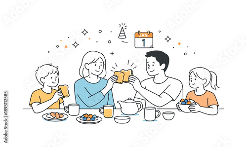 New Year Breakfast. New Year?s morning breakfast together. Family sharing toast and fruit, gentle smiles and relaxed postures around the table. Sense of