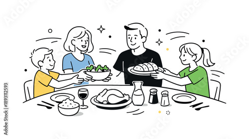 Evening Family Meal. Evening family meal. A relaxed scene with family members passing dishes and talking, showing togetherness and routine. Warm friendly