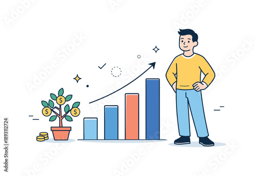 Financial Growth Illustration. Personal financial growth. A character stands beside rising bars and a small money tree, showing steady progress and smart