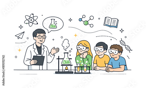 Classroom Chemical Reactions. School science laboratory. A teacher explaining an experiment while students observe chemical reactions in glassware. Educational