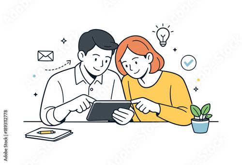 Collaborative Tablet Discussion. Close personal interaction. Colleagues leaning slightly together over a project on a tablet, exchanging ideas. Calm