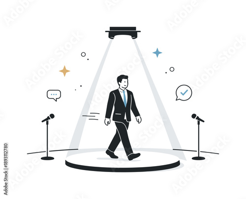 Stage Spotlight Moment. Spotlight shining on stage. A speaker approaching the center of a stage as the spotlight turns on, calm movement and controlled