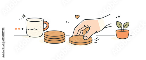 Minimalist Coaster Placement. Wooden coasters minimal. A hand placing a wooden coaster on a clean table, capturing a quiet moment of preparation and mindful