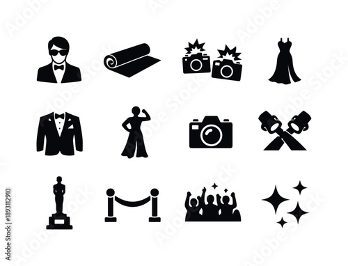 Red Carpet Icons. Movie Star on Red Carpet. Solid icon set of Movie Star on Red Carpet: celebrity figure, red carpet roll, flashing cameras, evening gown,