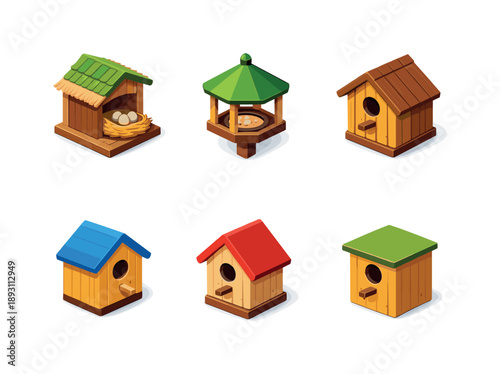 Birdhouse Icon Grid. Wildlife. Isometric flat vector icons set of wildlife: bird nesting house, outdoor bird shelter, wooden bird cabin, compact birdhouse,