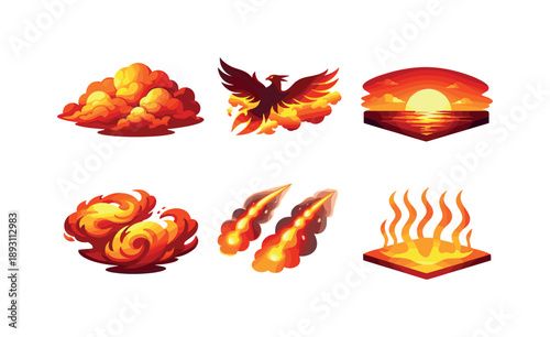 Fiery Sky Icons. Fiery Sky. Isometric flat vector icons set of Fiery Sky: blazing sunset clouds, phoenix shadow in sky, fire-lit horizon, swirling flame