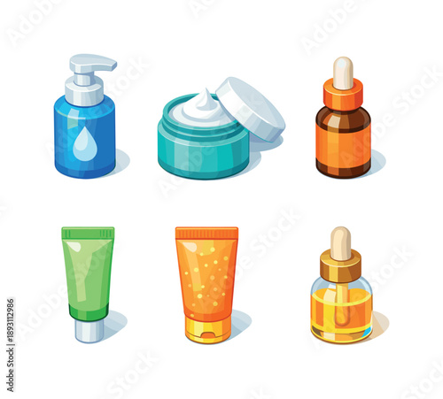 Face Care Essentials. Face care. Isometric flat vector icons set of face care: face wash pump bottle, hydrating cream jar, vitamin C serum bottle, eye cream