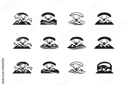 Paragliding Logo Variations. Paragliding in mountains. Icon set. Set Logo of Paragliding in mountains: wind currents and canopy lines. harmonious